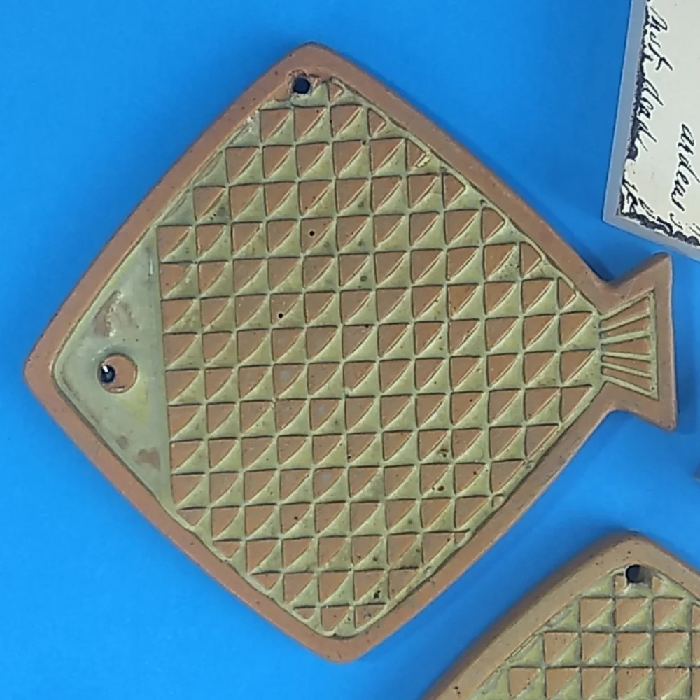 1970s Handmade Fire glazed fish pottery set OF 2 Fish Shaped Trivets